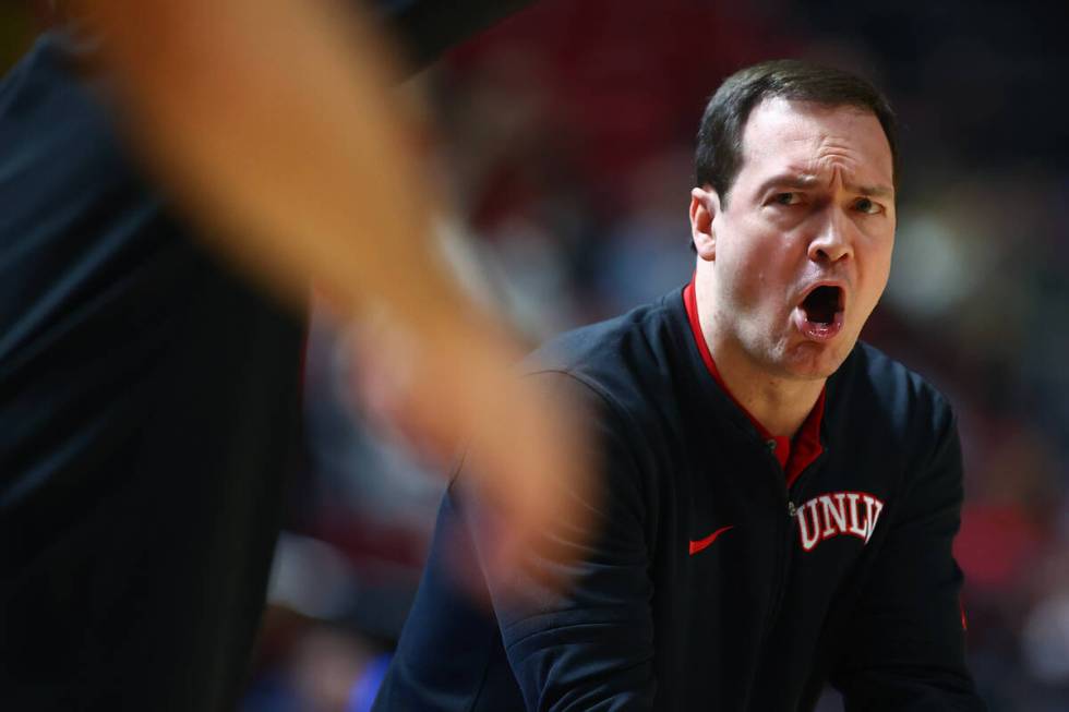 UNLV Rebels head coach Kevin Kruger shouts from the sidelines during the first half of an NCAA ...