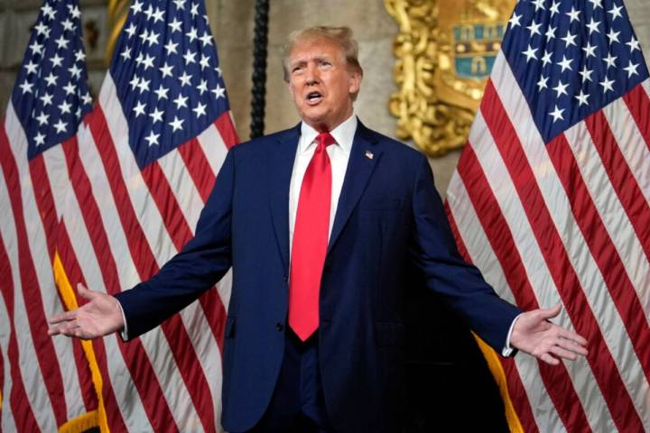 Former President Donald Trump speaks at his Mar-a-Lago estate, Monday, March 4, 2024, in Palm B ...