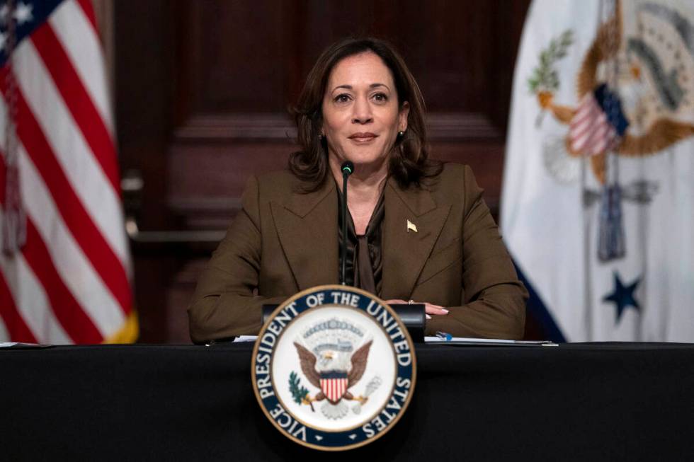 Vice President Kamala Harris speaks as she meets with voting rights leaders, in the Indian Trea ...