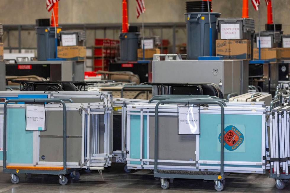 Ballot equipment is stored for later usage as Nevada Attorney General Aaron Ford and Secretary ...