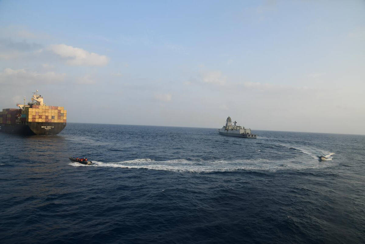 This photograph shared by Indian navy on the X platform shows a firefighting team from Indian N ...