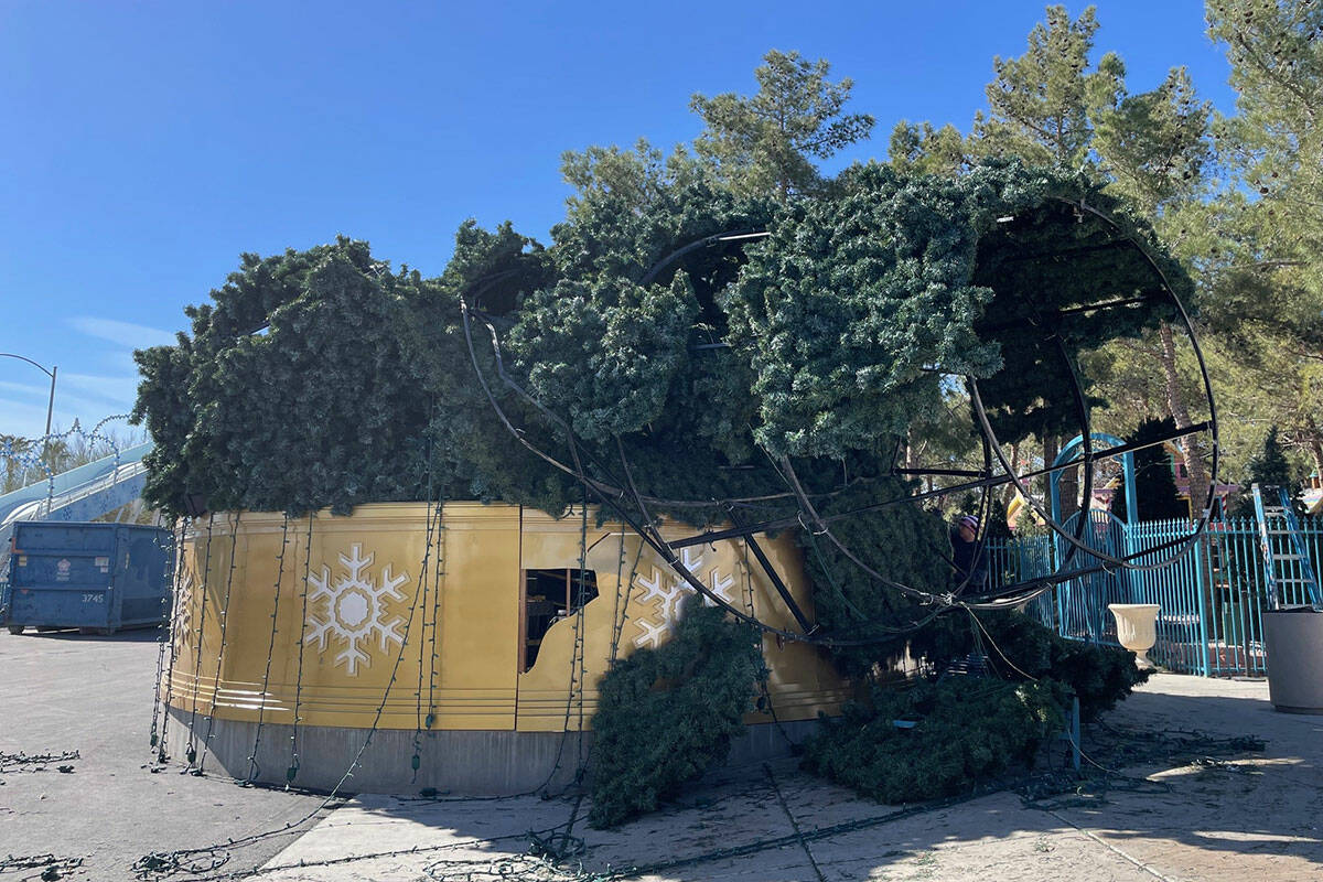 Opportunity Village's 65-foot Christmas tree after wind storms hit the Las Vegas Valley last we ...