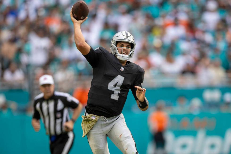 Raiders quarterback Aidan O'Connell (4) throws during the second half of an NFL game against th ...