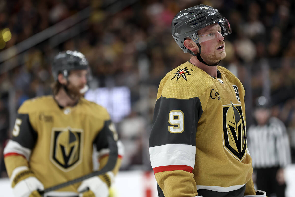 Golden Knights center Jack Eichel (9) prepares for a face-off during the third period of an NHL ...