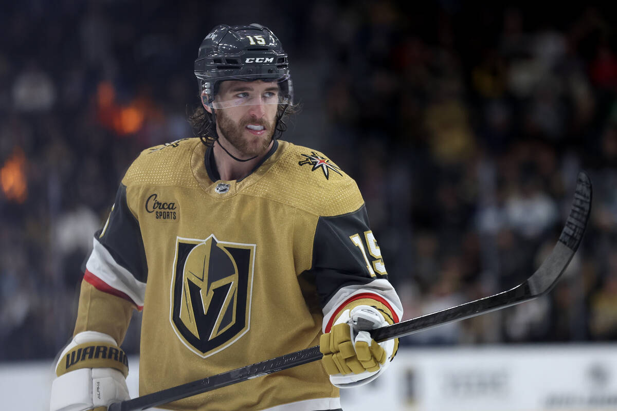 Golden Knights defenseman Noah Hanifin (15) prepares for a face-off during the third period of ...