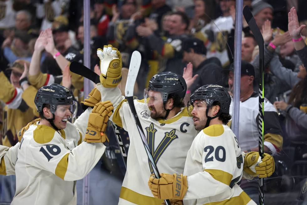 Golden Knights left wing Pavel Dorofeyev (16), right wing Mark Stone (61) and center Chandler S ...