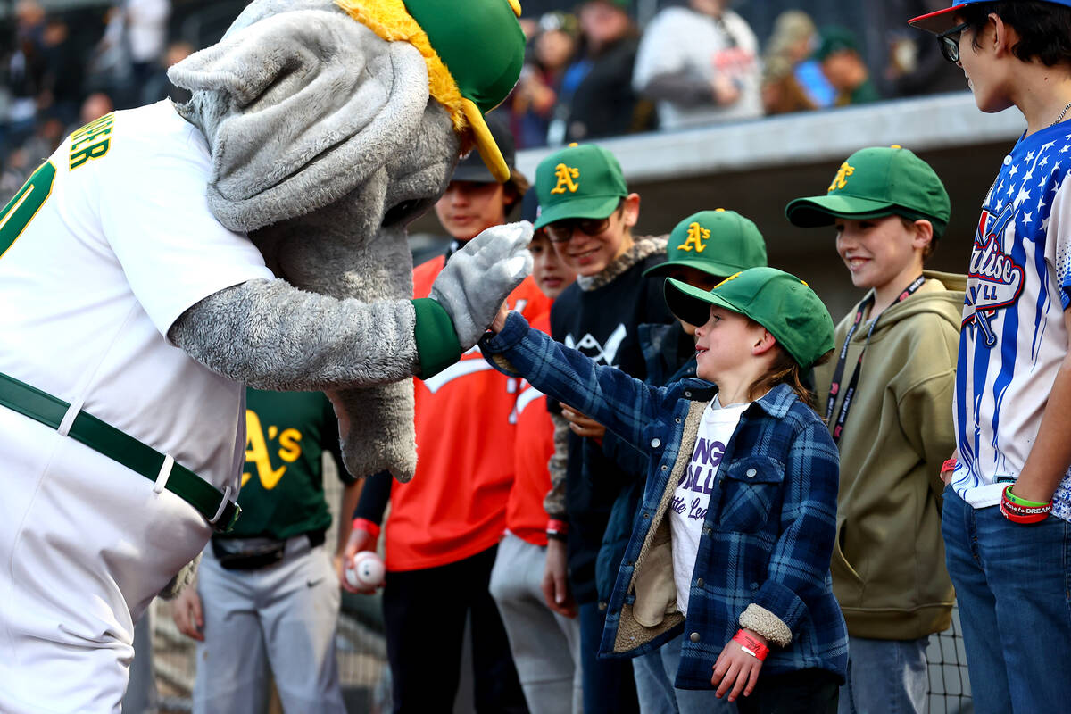 A young Oakland Athletics fan slaps hands with mascot Stomper before a Major League Baseball sp ...