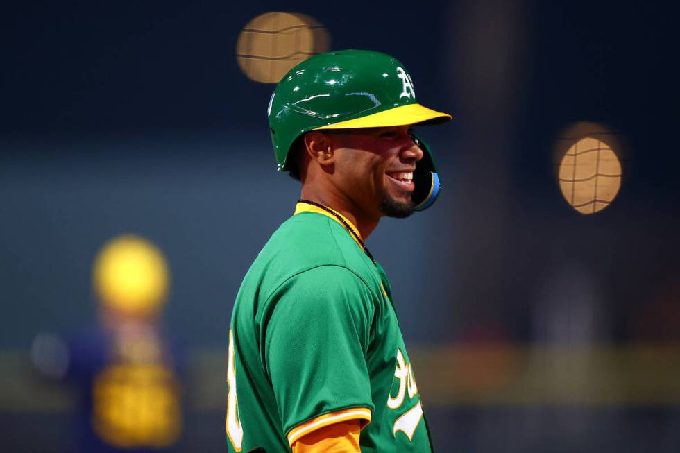 Oakland Athletics shortstop Darell Hernaiz (48) smiles while up to bat during a Major League Ba ...