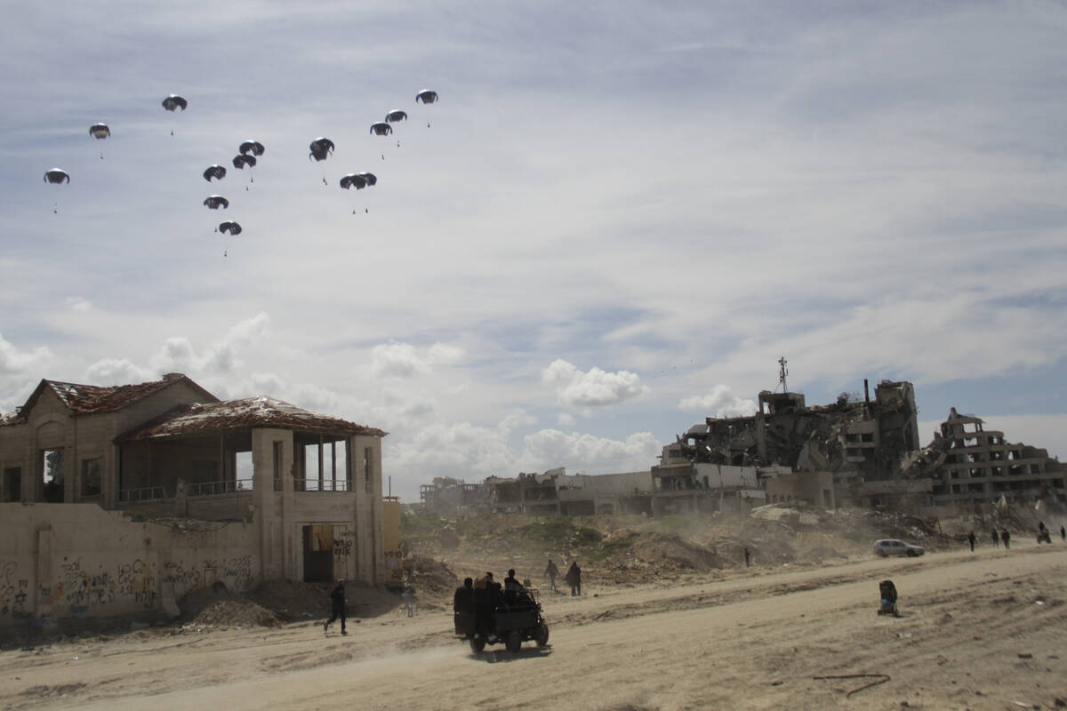 United States Air Force drops humanitarian aid to Palestinians in Gaza City, Gaza Strip, on Sat ...