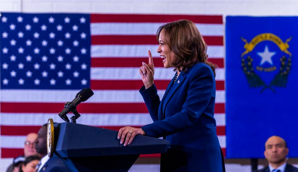 Vice President Kamala Harris speaks about teacher's support during a rally at Mojave High Schoo ...