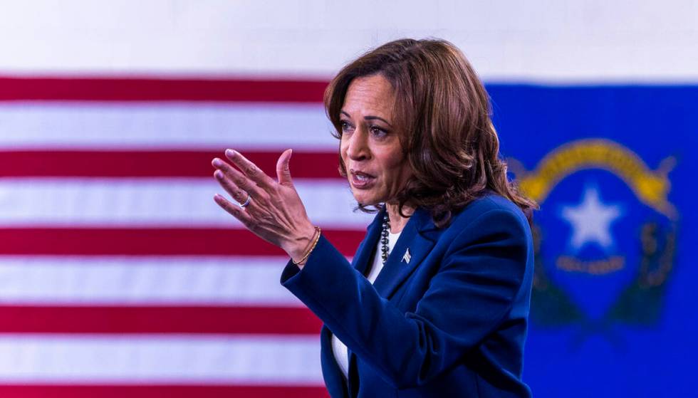 Vice President Kamala Harris speaks about former President Donald Trump during a rally at Mojav ...