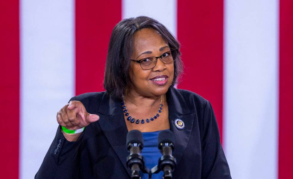 Assemblywoman Daniele Monroe-Moreno (D-NV) speaks during a Vice President Kamala Harris rally a ...