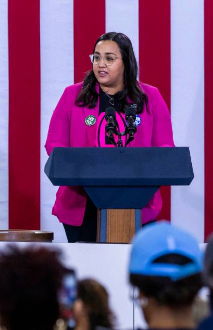 Laura Campbell, Director of Actions, Nevada NOW speaks during a Vice President Kamala Harris ra ...