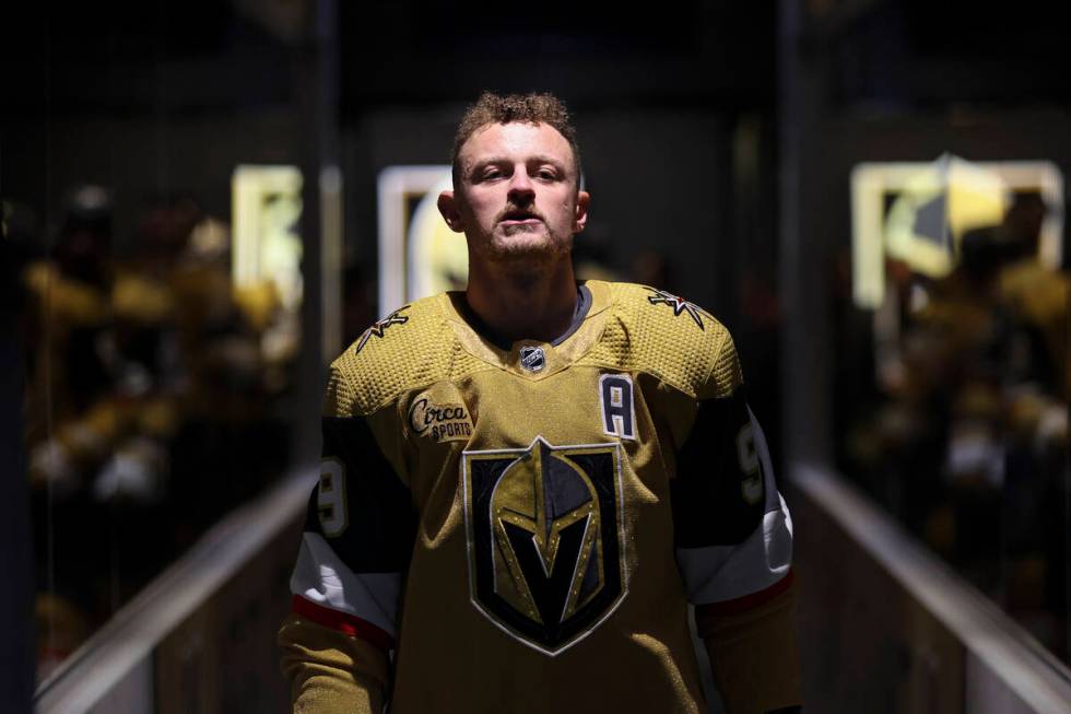 Golden Knights center Jack Eichel (9) takes to the ice for warmups before an NHL hockey game ag ...