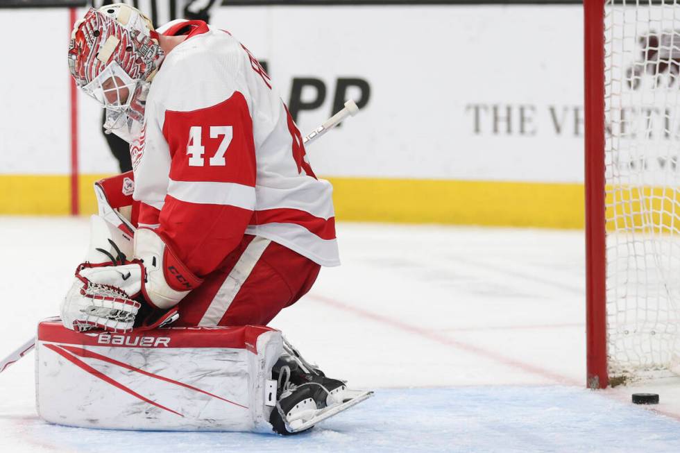 Red Wings goaltender James Reimer (47) misses the save on a Golden Knights goal during the firs ...