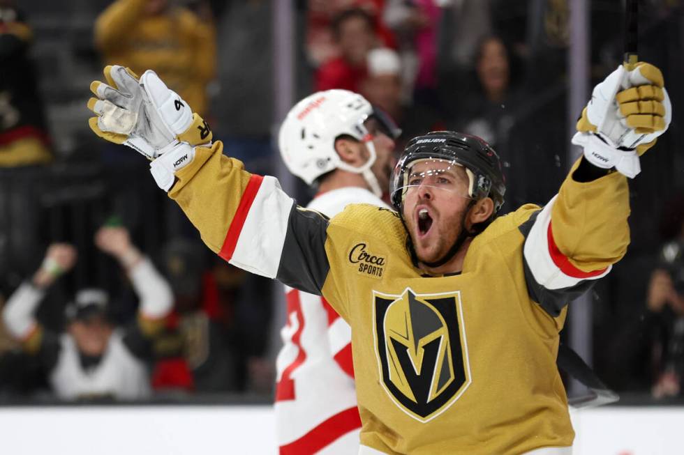 Golden Knights right wing Jonathan Marchessault (81) celebrates after scoring his second goal o ...