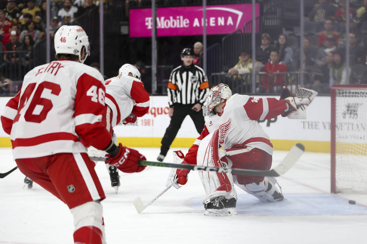 Red Wings goaltender James Reimer (47) misses the save on a Golden Knights goal during the thir ...