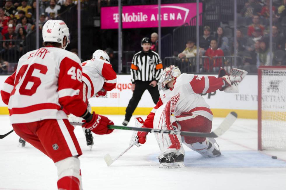 Red Wings goaltender James Reimer (47) misses the save on a Golden Knights goal during the thir ...