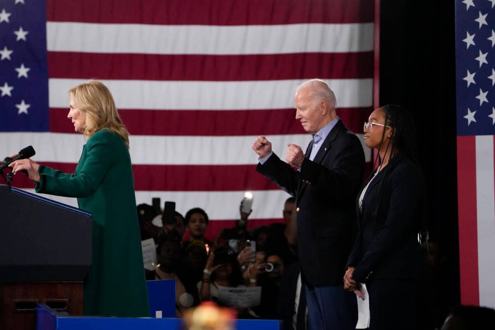 First lady Jill Biden speaks before President Joe Biden at a campaign rally Saturday, March 9, ...