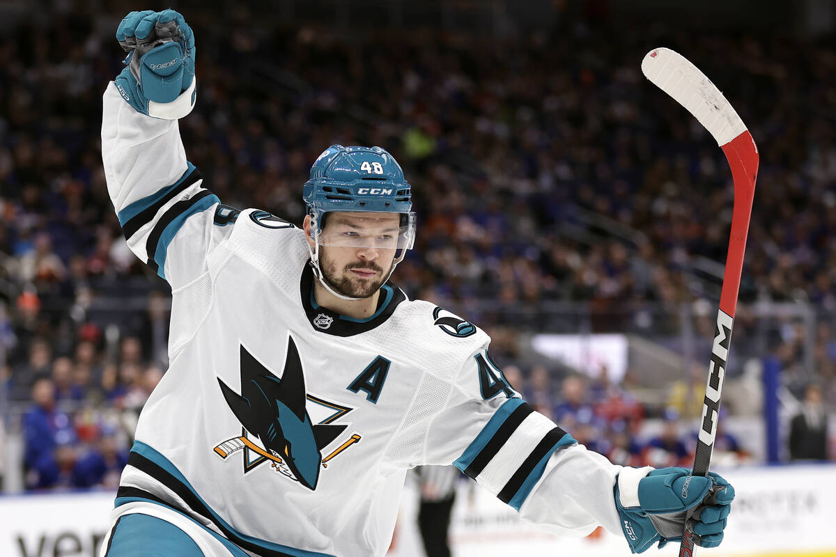 San Jose Sharks center Tomas Hertl (48) reacts after scoring a goal against the New York Island ...