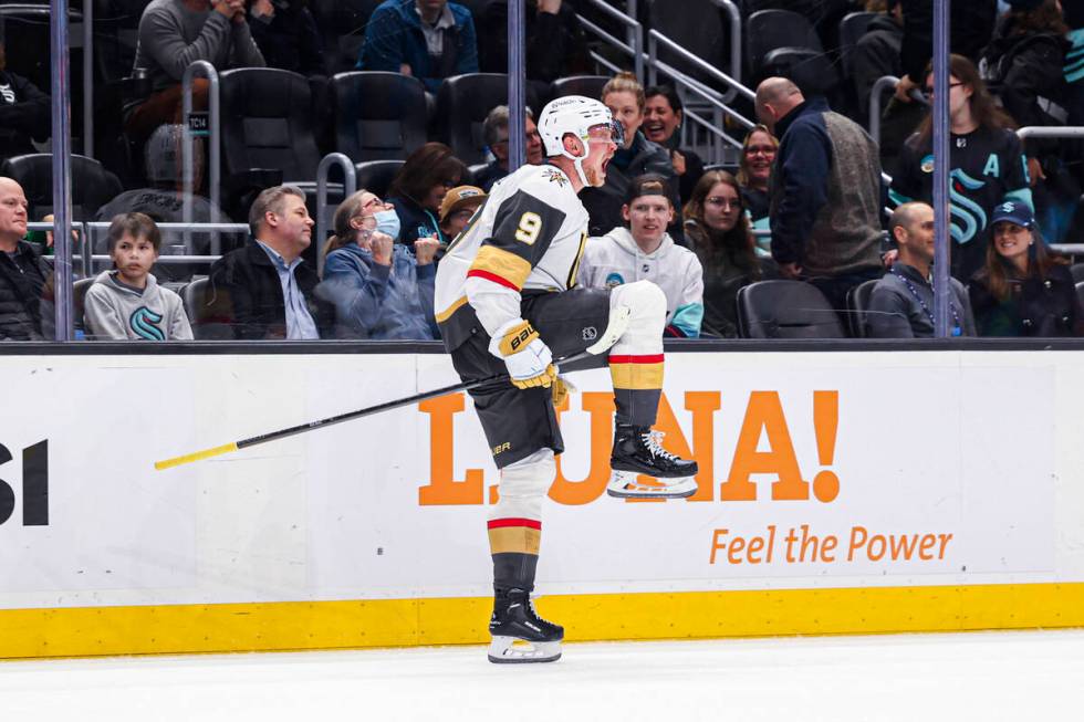 Vegas Golden Knights center Jack Eichel celebrates his overtime goal gainst the Seattle Kraken ...