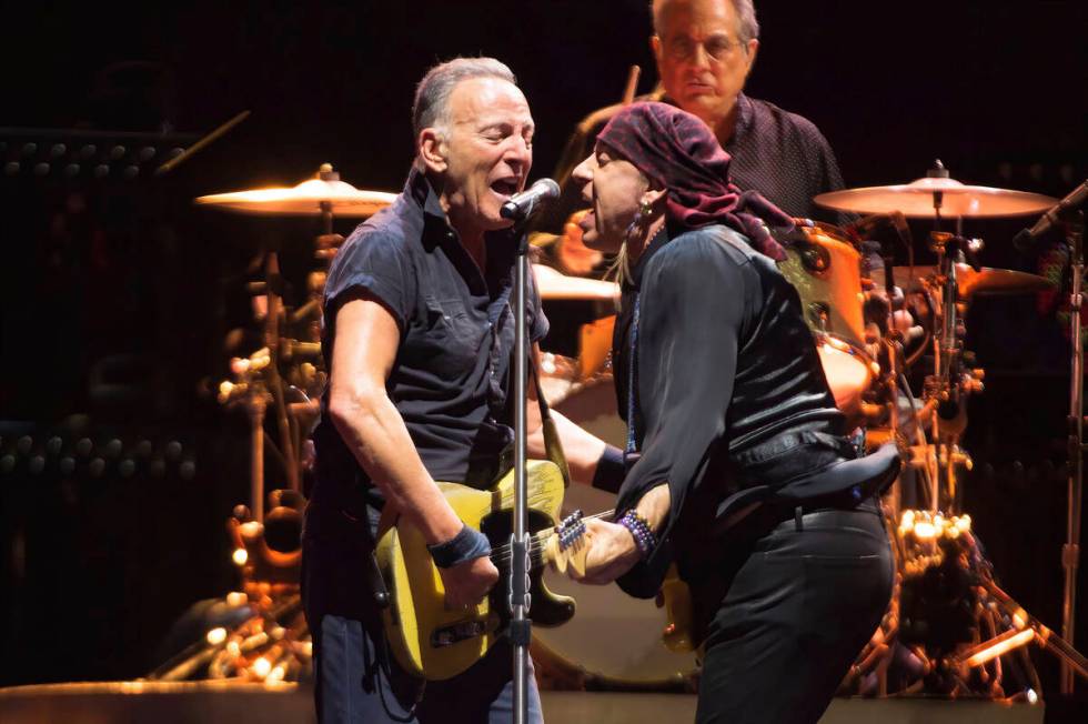 Bruce Springsteen, left, and Steven Van Zandt perform on tour at MetLife Stadium on Wednesday, ...