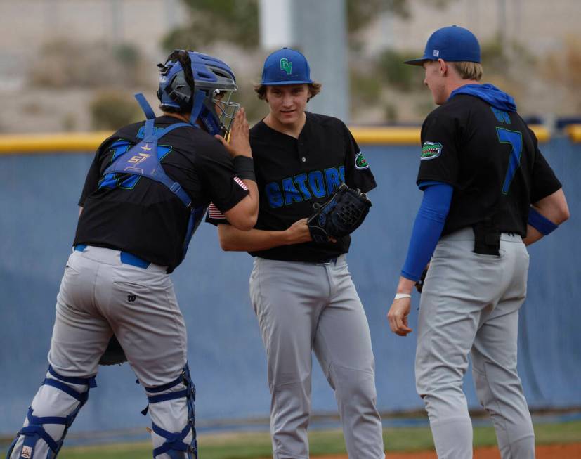 Green Valley's catcher Connor Apeceche (17) talks with Green Valley's pitcher Joseph Steidel (3 ...