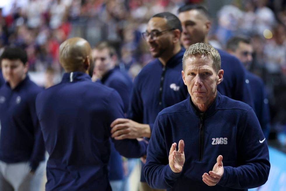 Gonzaga Bulldogs head coach Mark Few readies for an NCAA college basketball championship game a ...