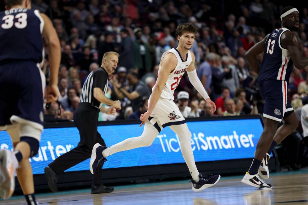 St. Mary's Gaels guard Aidan Mahaney (20) celebrates after scoring a 3-point basket during the ...