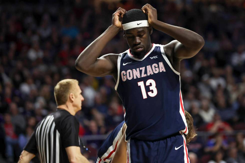 Gonzaga Bulldogs forward Graham Ike (13) reacts after referees charged him with a foul during t ...