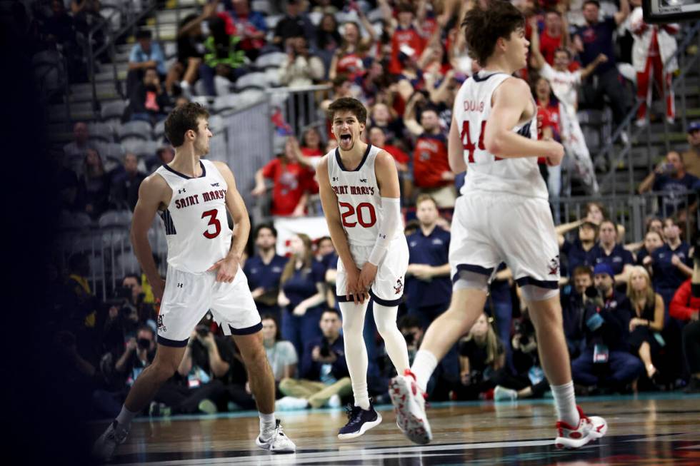 St. Mary's Gaels guard Aidan Mahaney (20) celebrates after scoring a 3-point basket during the ...