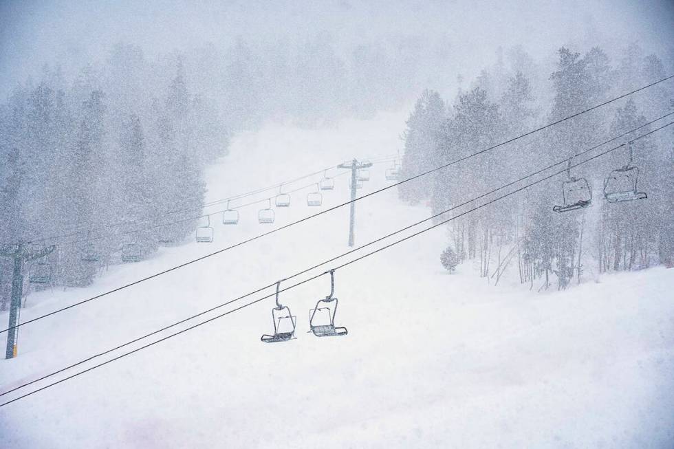 Snow falls on the slopes of Lee Canyon on Wednesday, March 13, 2024. The resort recorded 15 inc ...