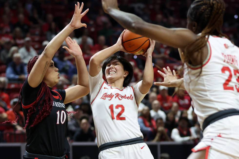 UNLV Lady Rebels guard Alyssa Durazo-Frescas (12) drives toward the hoop against San Diego Stat ...