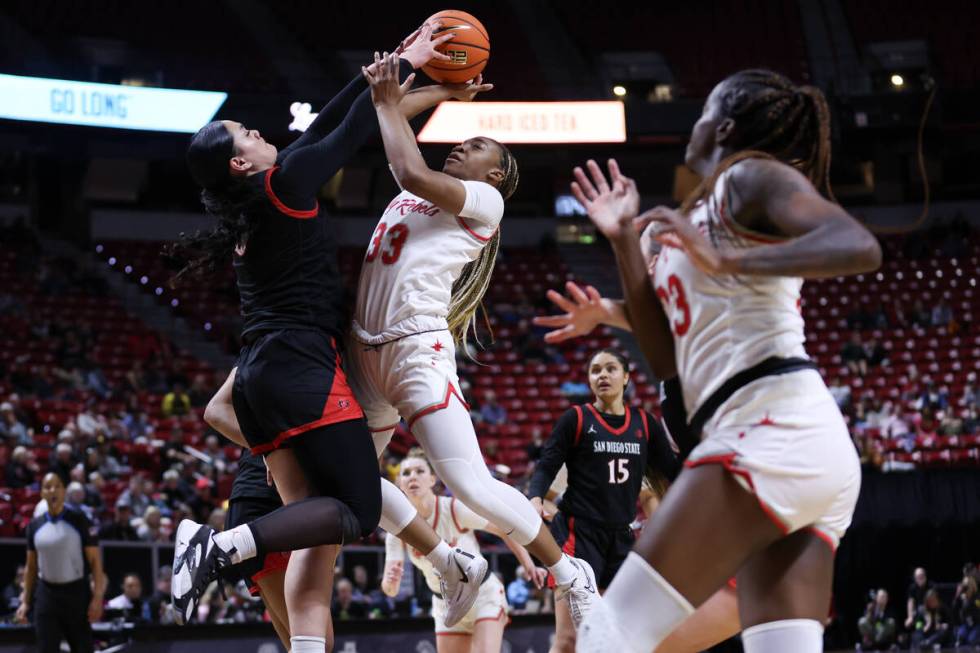 UNLV Lady Rebels guard Amarachi Kimpson (33) shoots against San Diego State Aztecs guard Khylee ...