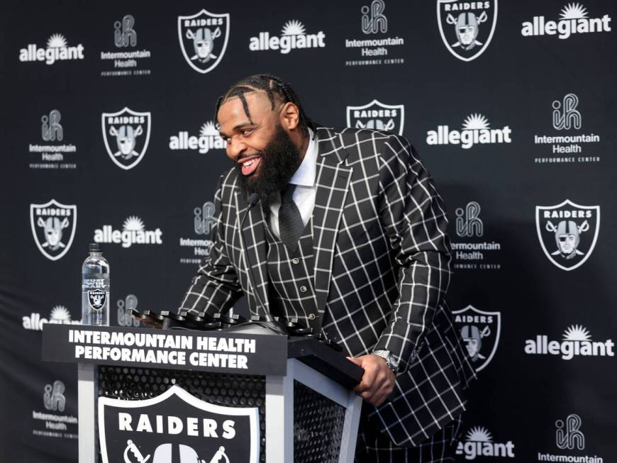 New Raiders defensive tackle Christian Wilkins talks to the news media at Intermountain Health ...