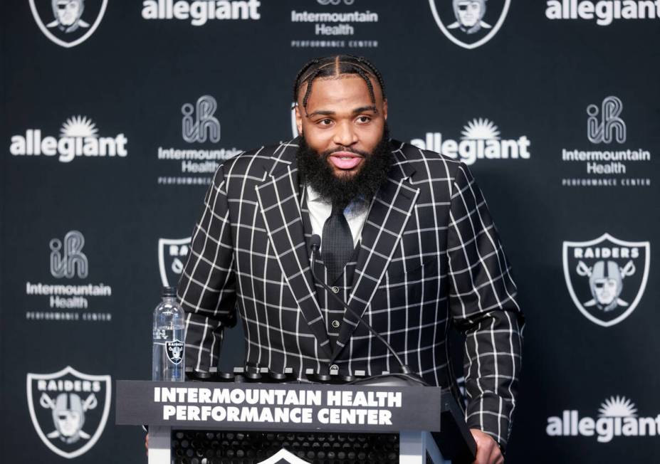 New Raiders defensive tackle Christian Wilkins talks to the news media at Intermountain Health ...