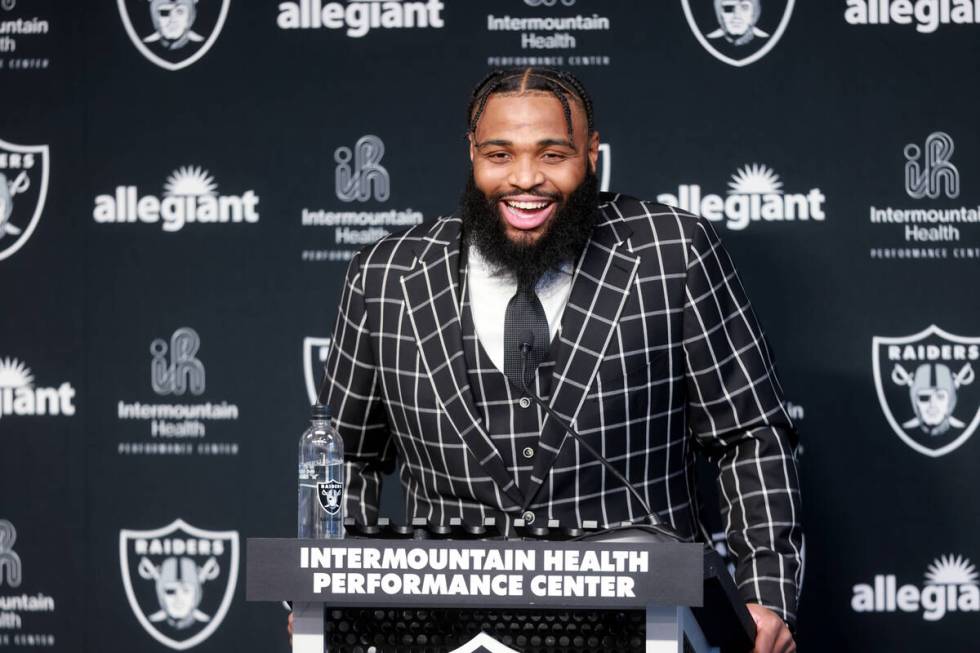 New Raiders defensive tackle Christian Wilkins talks to the news media at Intermountain Health ...