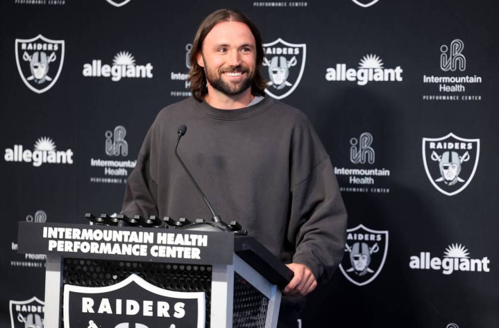 New Raiders quarterback Gardner Minshew talks to the news media at Intermountain Health Perform ...