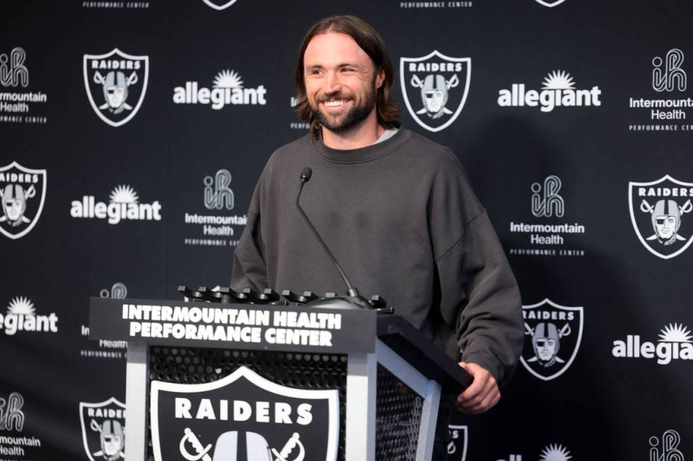 New Raiders quarterback Gardner Minshew talks to the news media at Intermountain Health Perform ...