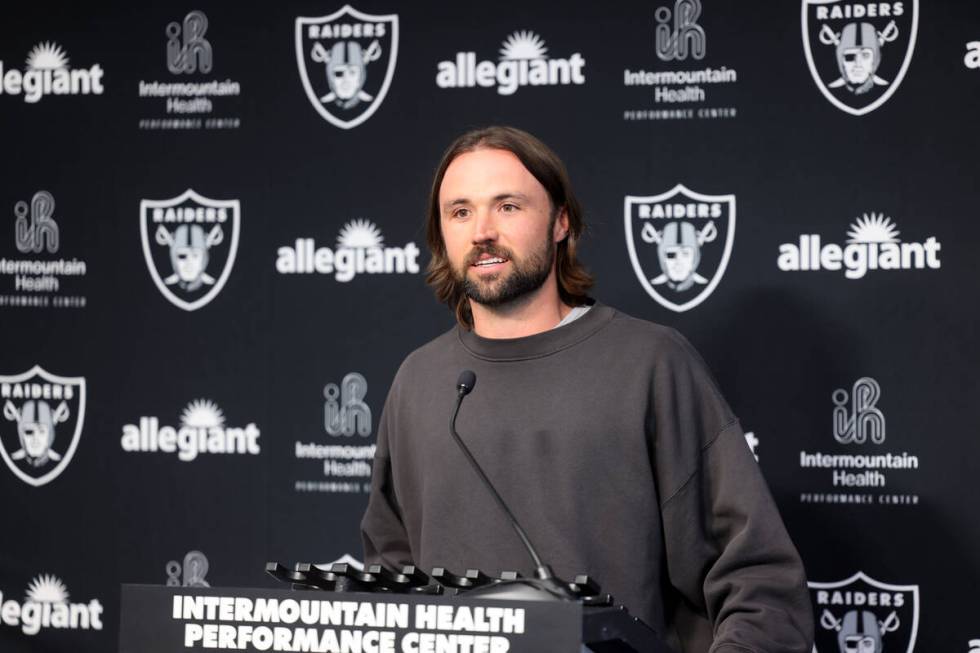 New Raiders quarterback Gardner Minshew talks to the news media at Intermountain Health Perform ...