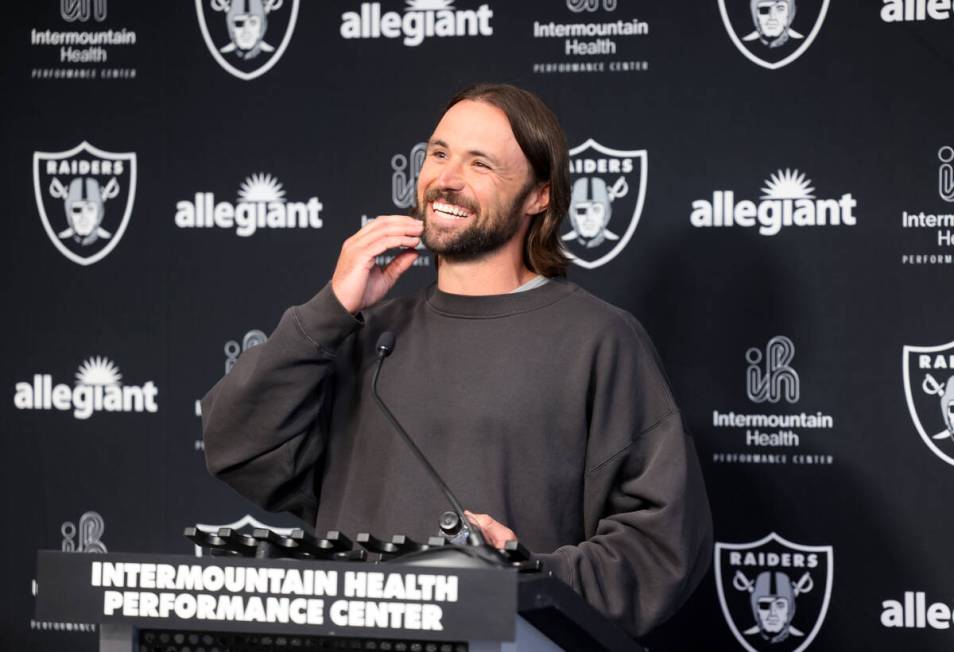 New Raiders quarterback Gardner Minshew talks to the news media at Intermountain Health Perform ...