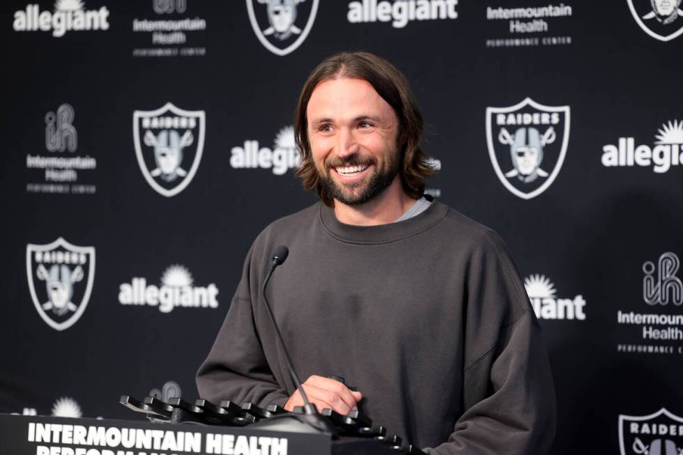 New Raiders quarterback Gardner Minshew talks to the news media at Intermountain Health Perform ...