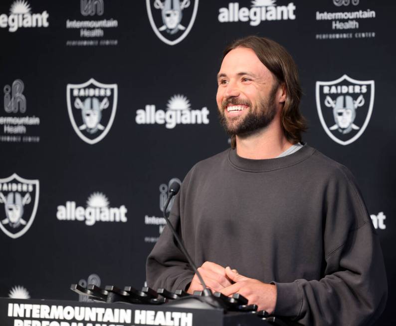 New Raiders quarterback Gardner Minshew talks to the news media at Intermountain Health Perform ...