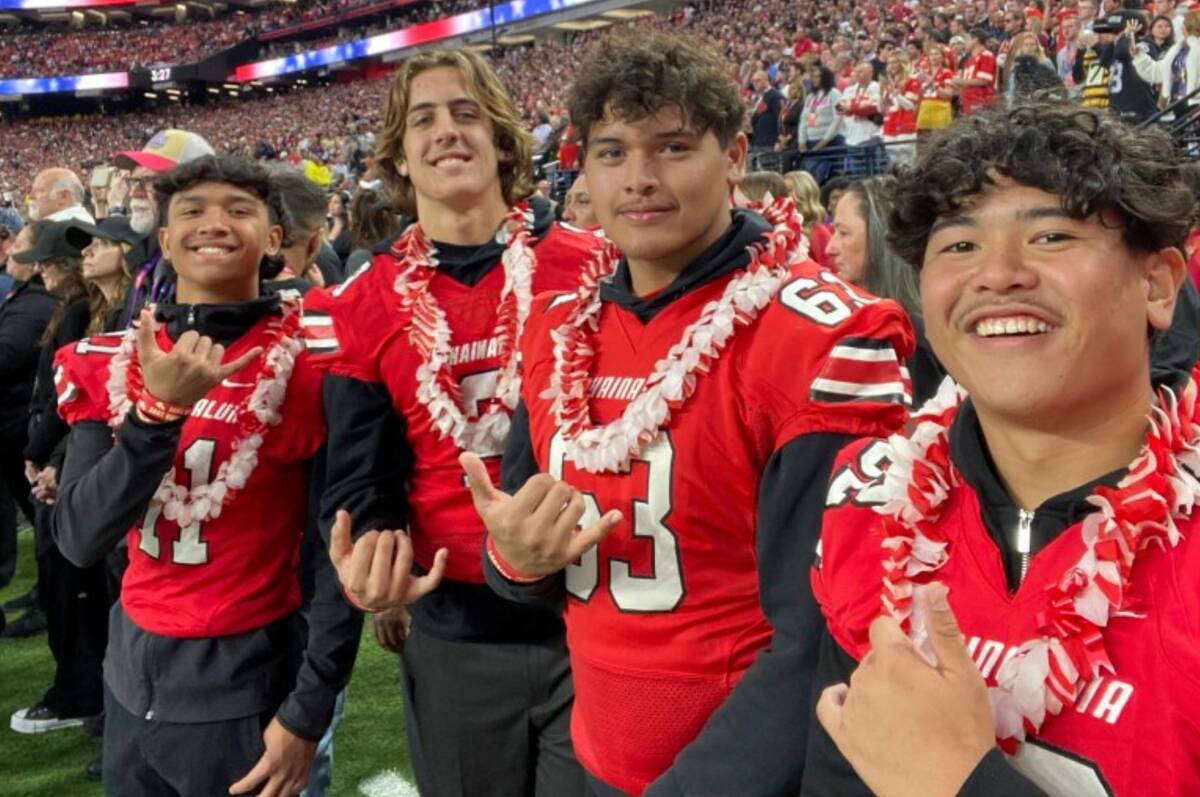 Members of the Lahainaluna High School football team flash the "shaka" hand gesture as they pos ...