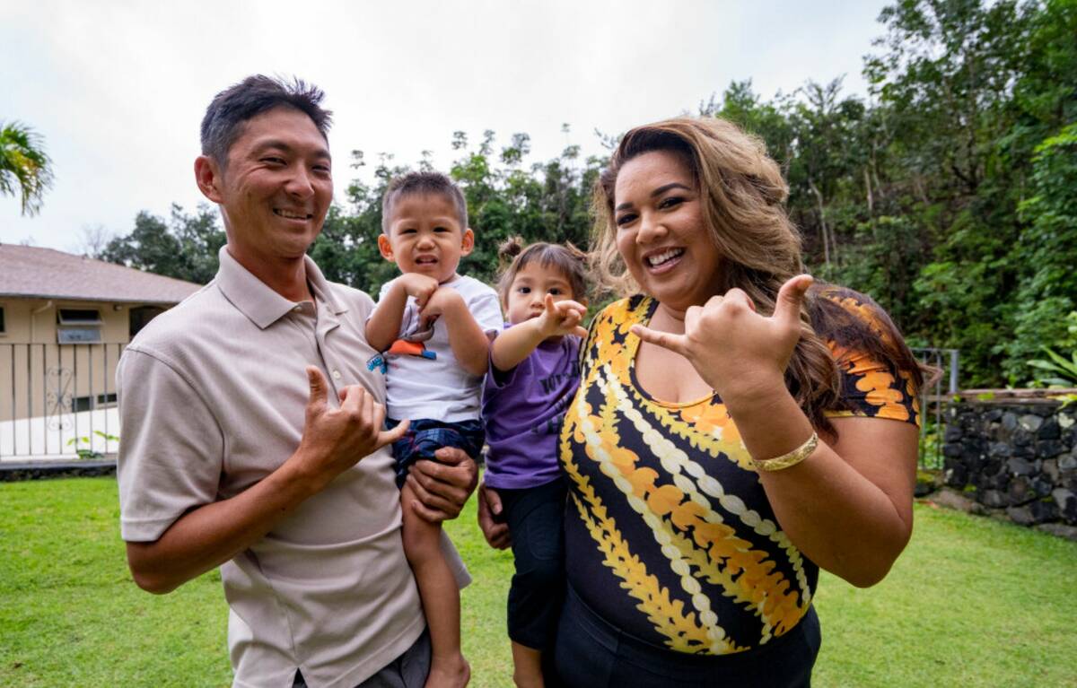 From left to right, Cody Matsuda, KihaaPi'ilani Makainai-Matsuda, Keli'inowelo Makainai-Matsuda ...