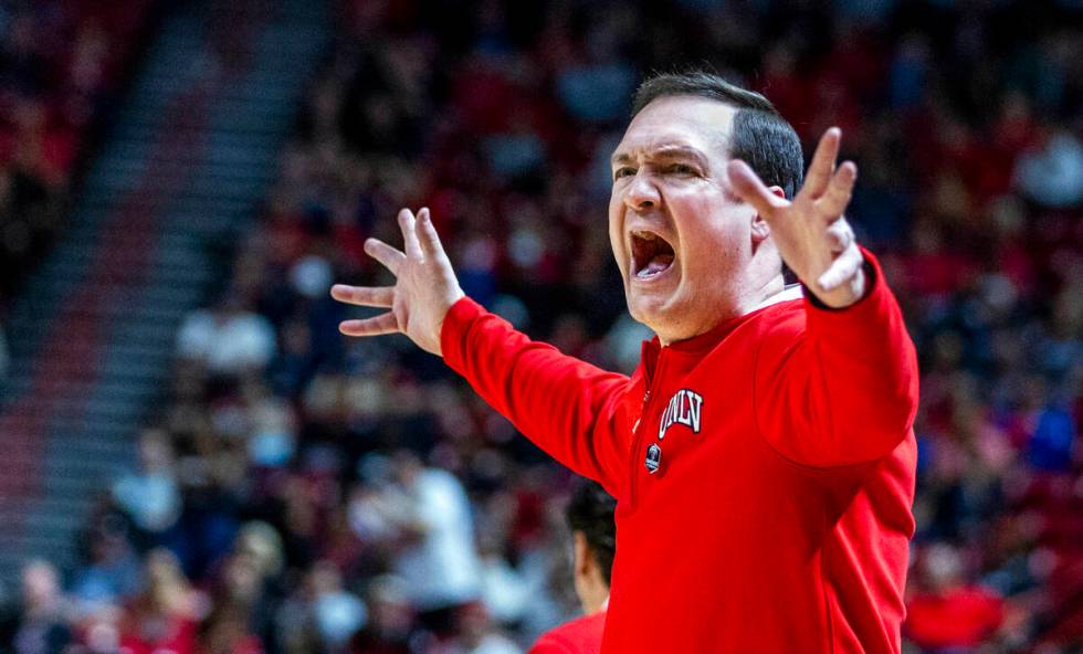 UNLV Rebels head coach Kevin Kruger yells about a lack of foul calling against the San Diego St ...