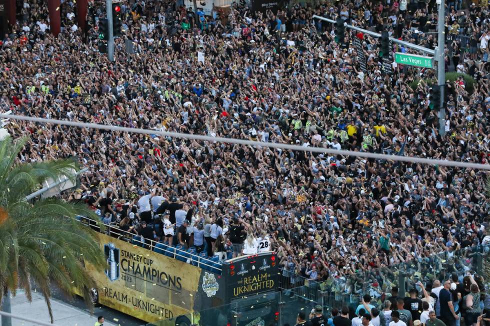 Fans gather on Las Vegas Boulevard in and around Toshiba Plaza at the Vegas Golden Knights Stan ...