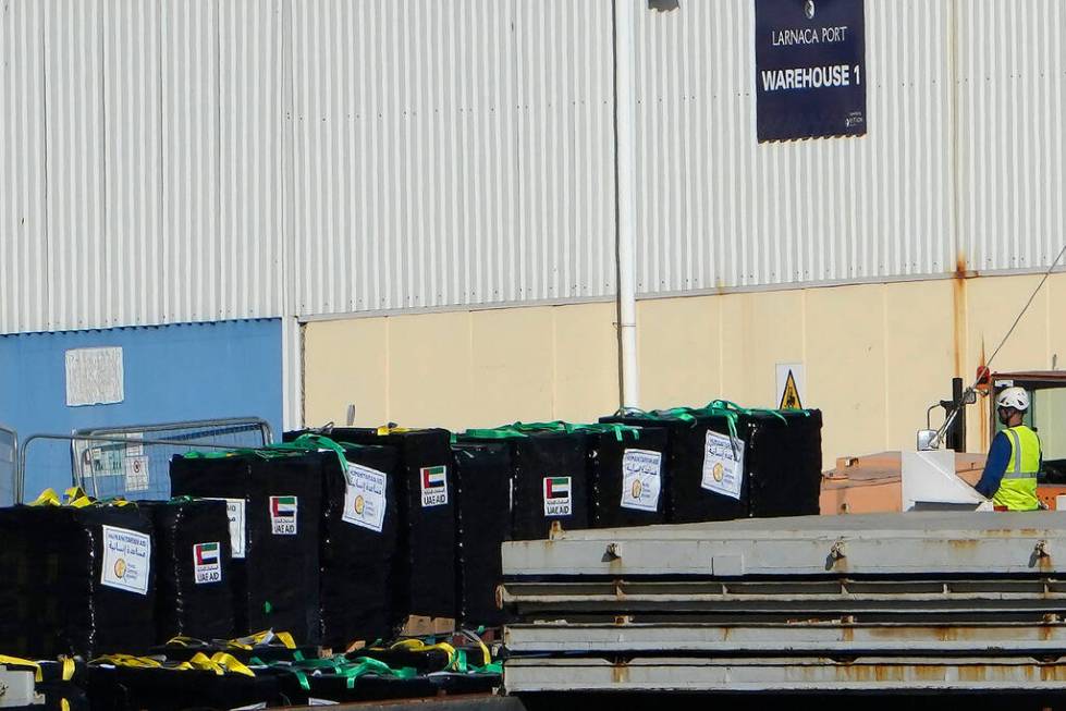 Food aid, left on the pallets, from the U.S. charity World Central Kitchen and the United Arab ...