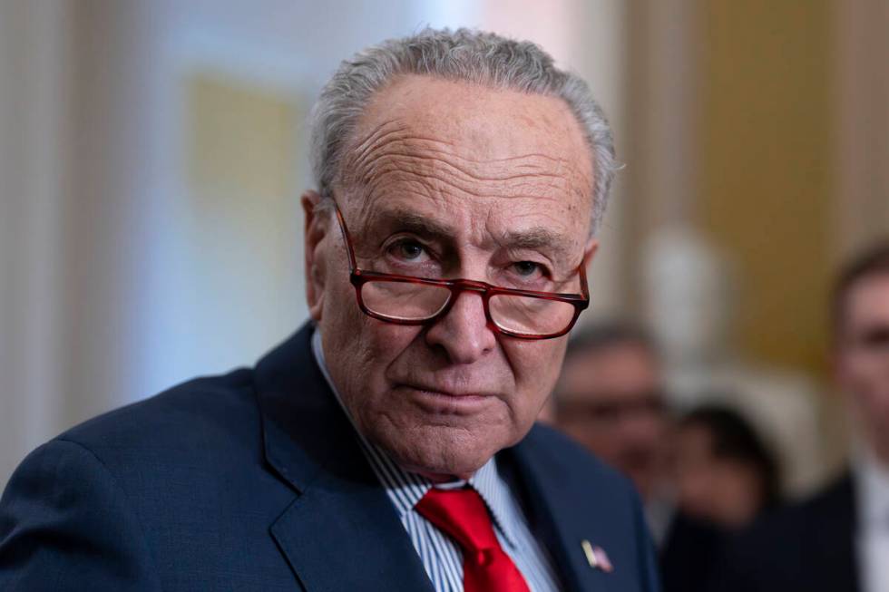 FILE - Senate Majority Leader Chuck Schumer, D-N.Y., speaks to reporters at the Capitol in Wash ...