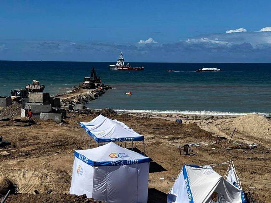 In this photo provided by the Israeli Army, a ship transporting humanitarian aid from the World ...